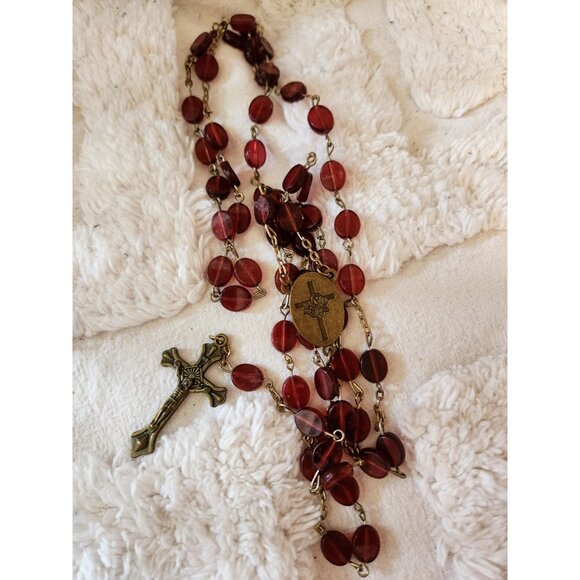Vintage Red Glass Rosary Necklace – Bronze Cross & Medal - Picture 9 of 10